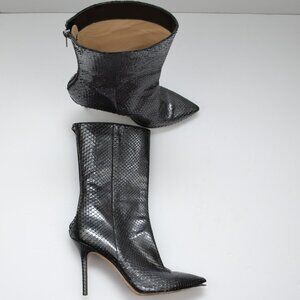 Jimmy Choo Snakeskin Mid-Calf Boots Pointed Toe Stiletto Heel Silver Size 40.5